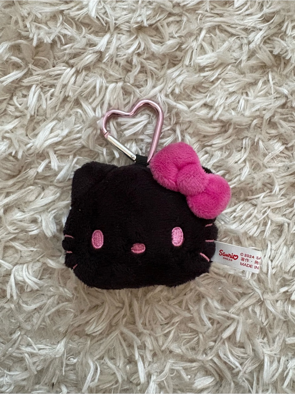 Sanrio Official Black Kitty Plush Heart Carabiner Key Clip Hot Pink Fushcia Bow